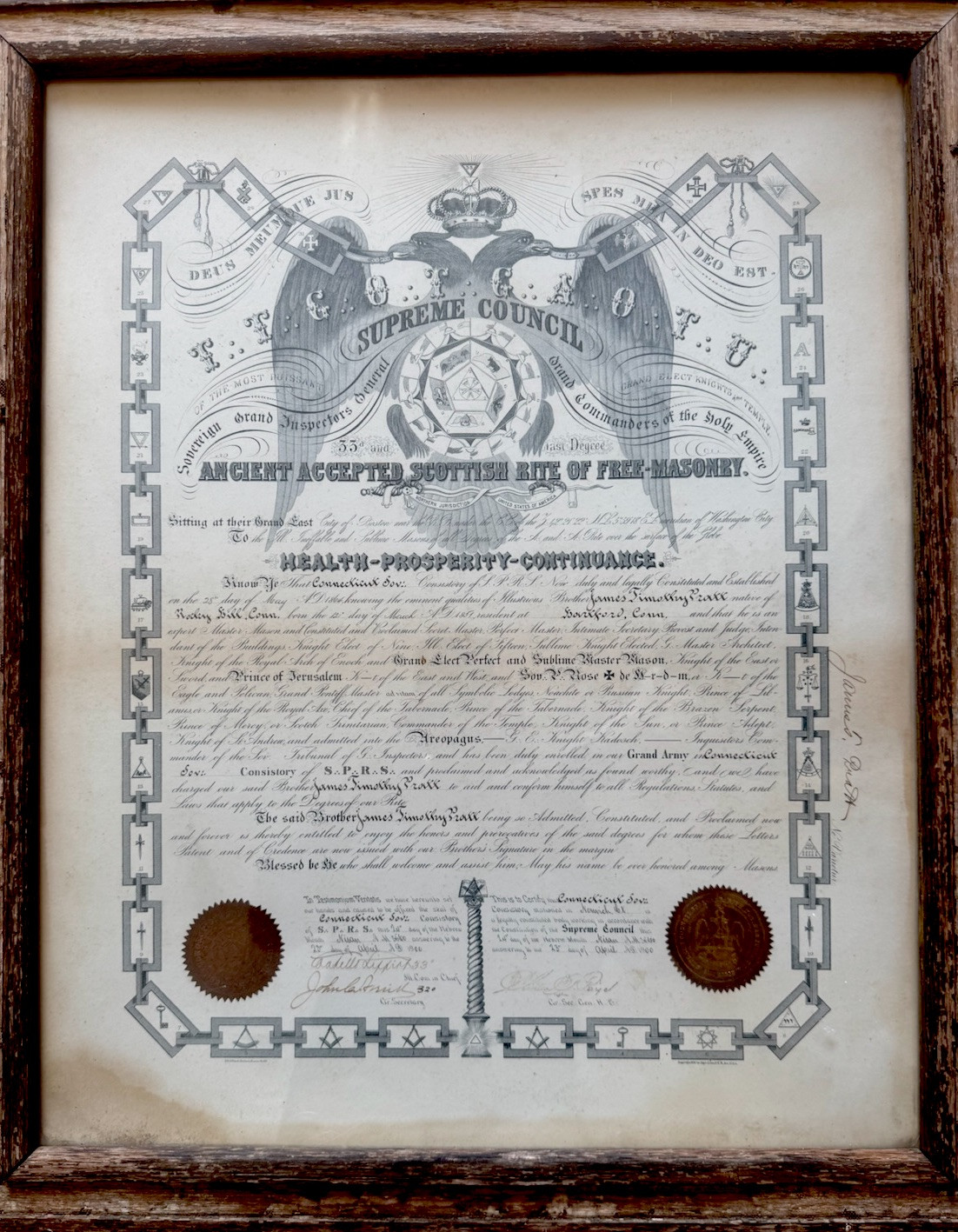 Original 1900 Masonic Certificate – Supreme Council – James Timothy Pratt Jr.
