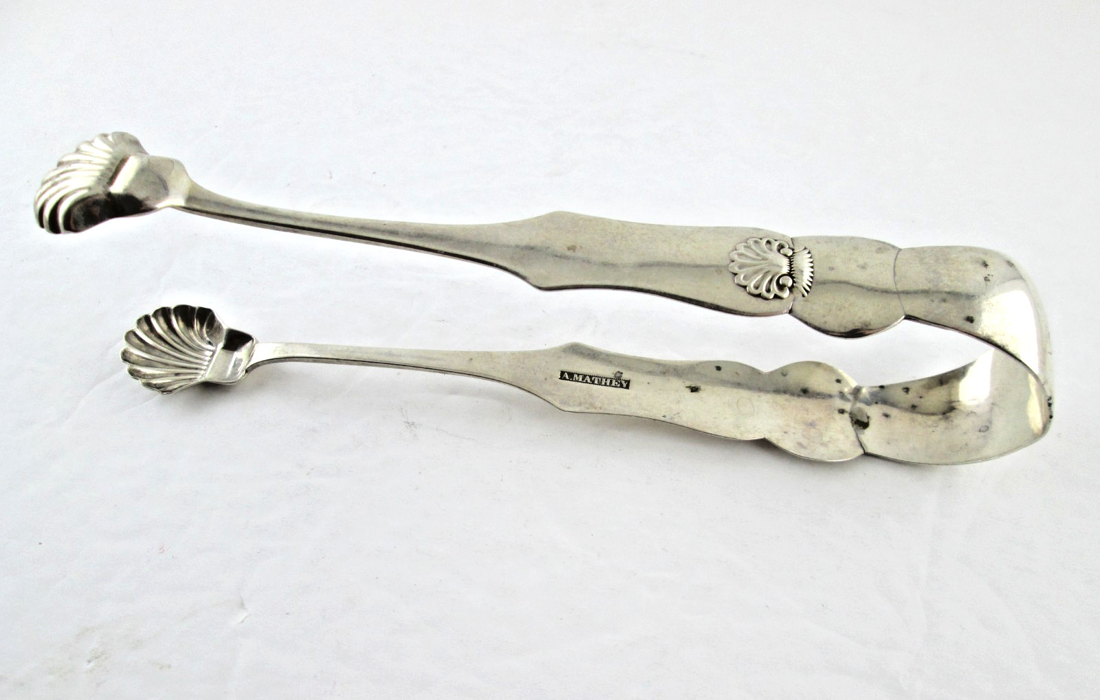 Antique Large Pair 19th C. American AUGUSTUS MATHEY Coin Silver Tongs