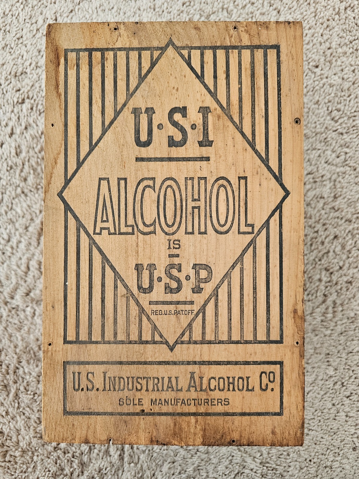 Antique US Industrial Alcohol Co One Wine Gallon 190 Proof Wood Box Novembe 1932