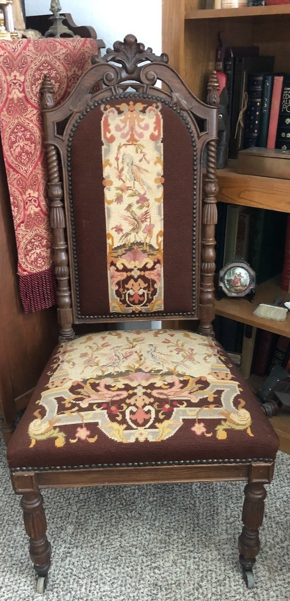 Antique Gothic Revival Mahogany and Needlepoint Medevil Throne Hall Chair