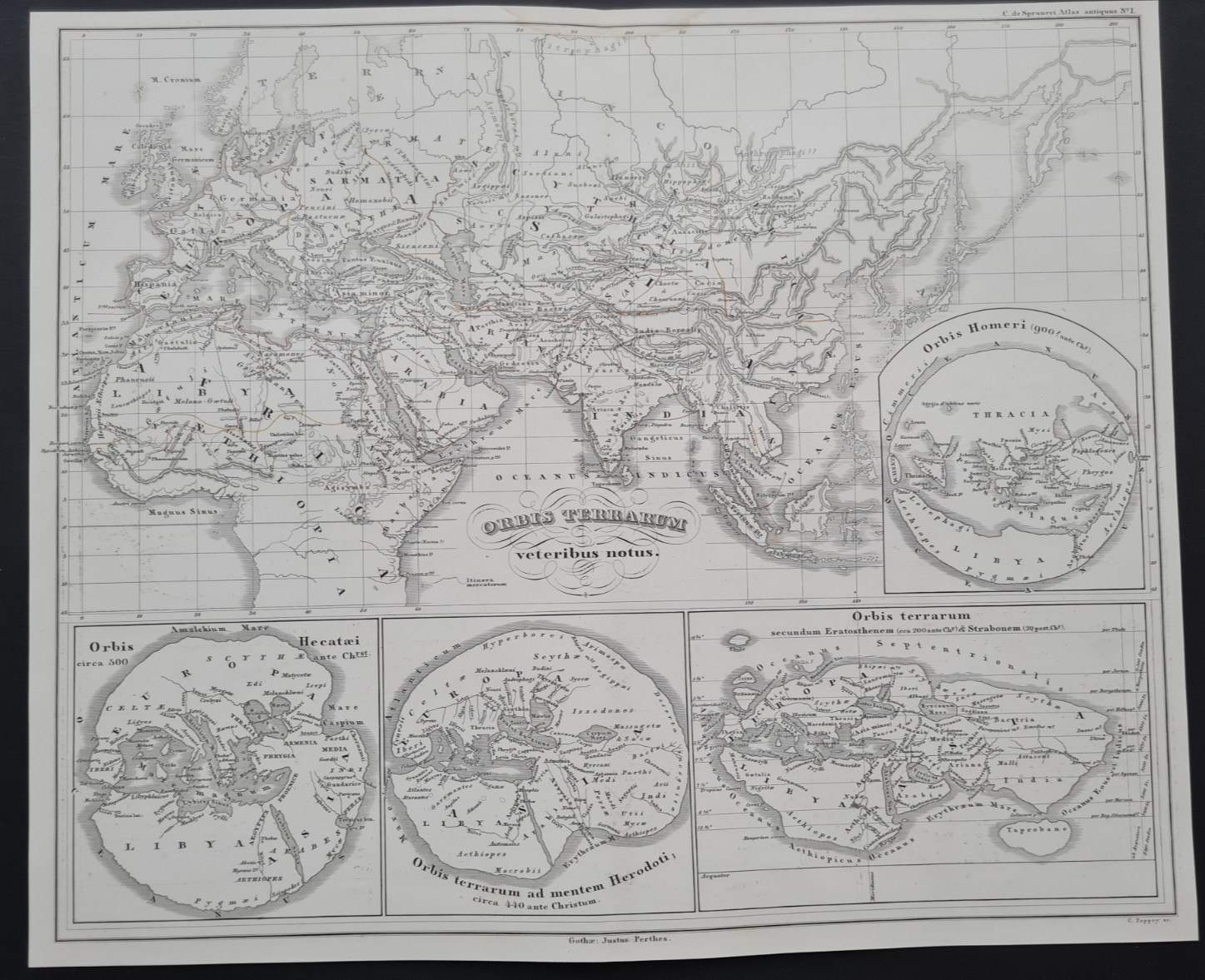 Antique 1855 Map – World Known to Ancients – Homer Herodotus Hecataeus – Spruner