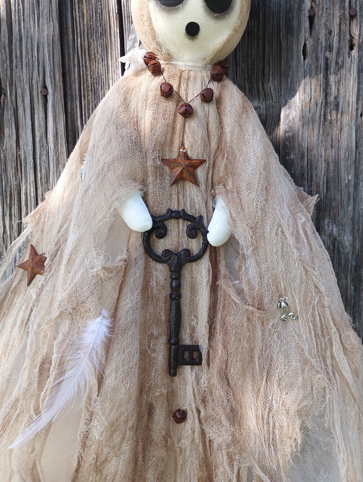Primitive TATTERED Witch Ghost HALLOWEEN Folk Art Doll w/ Iron Key 45″