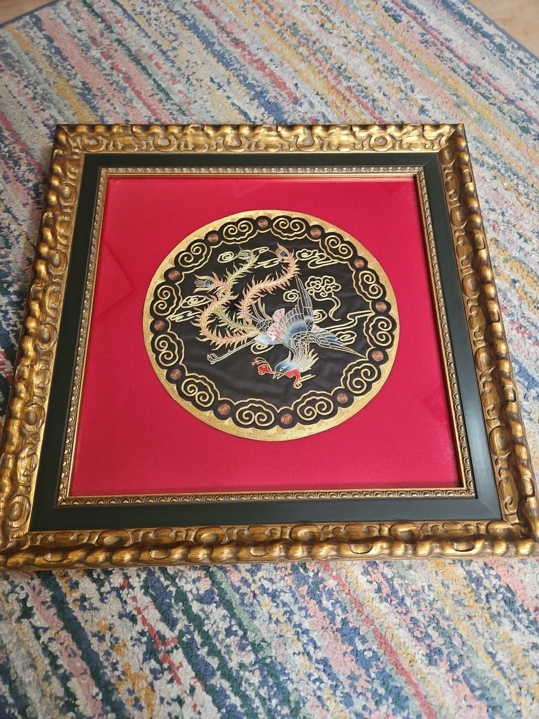 Framed Chinese Phoenix Bird Embroidered Red, Gold, Blues And Green Thread