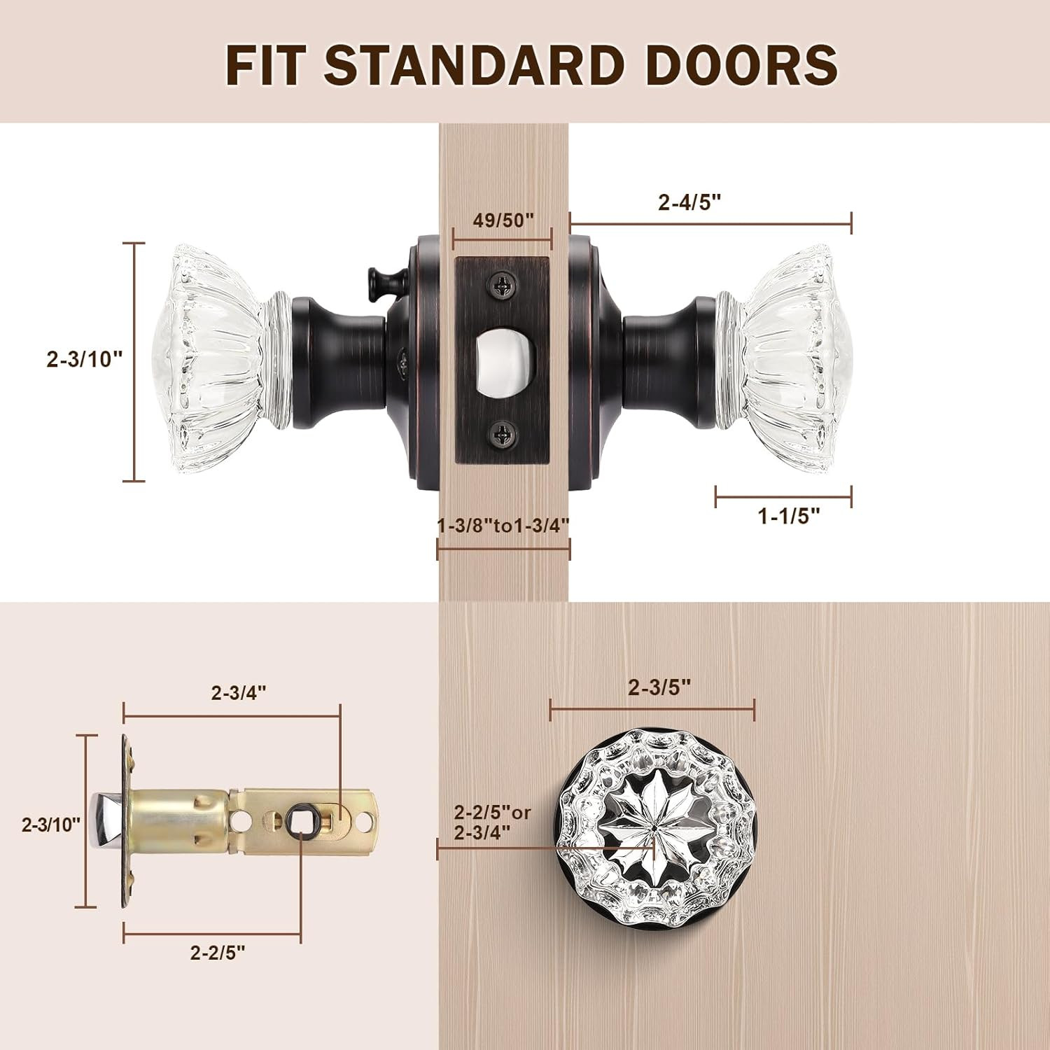 Modern round Crystal Door Knobs with Lock, Frosted Glass Design, Privacy Functio