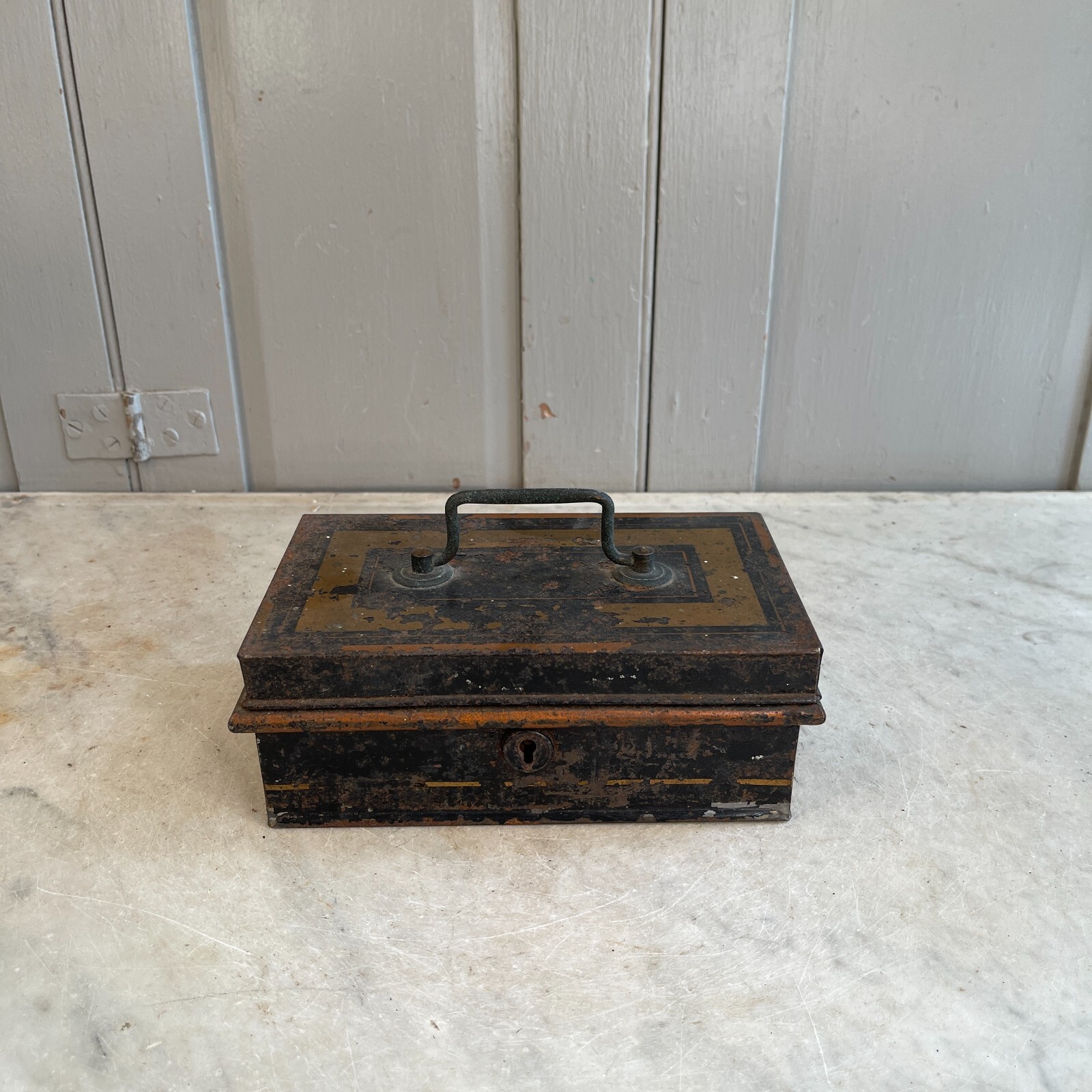 Antique Toleware cash tin or moneybox