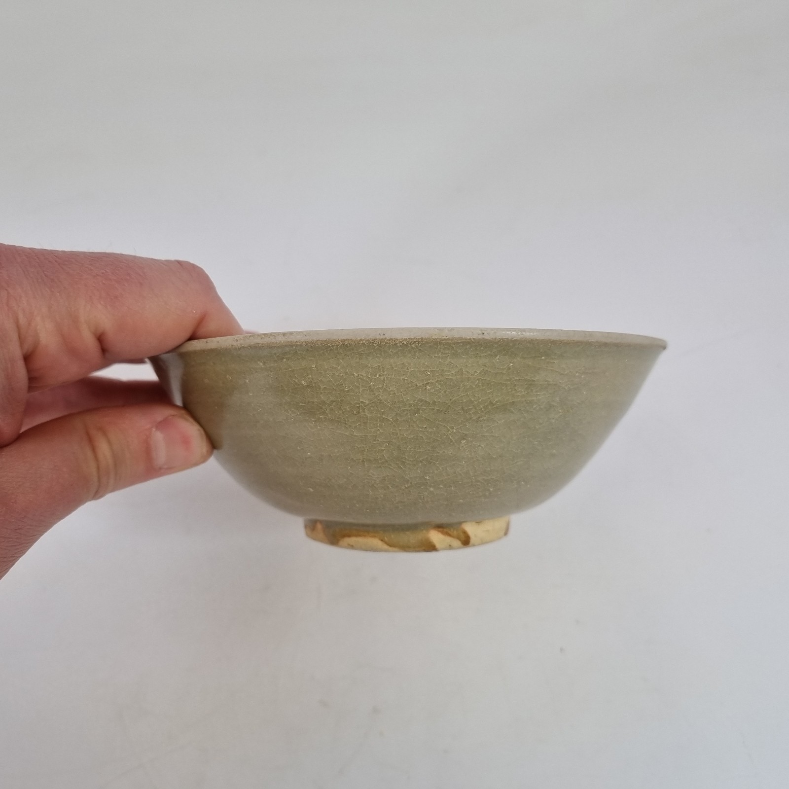 Antique Chinese Celadon Glazed Pottery Bowl Crackle Glazed 13.9cm Diameter