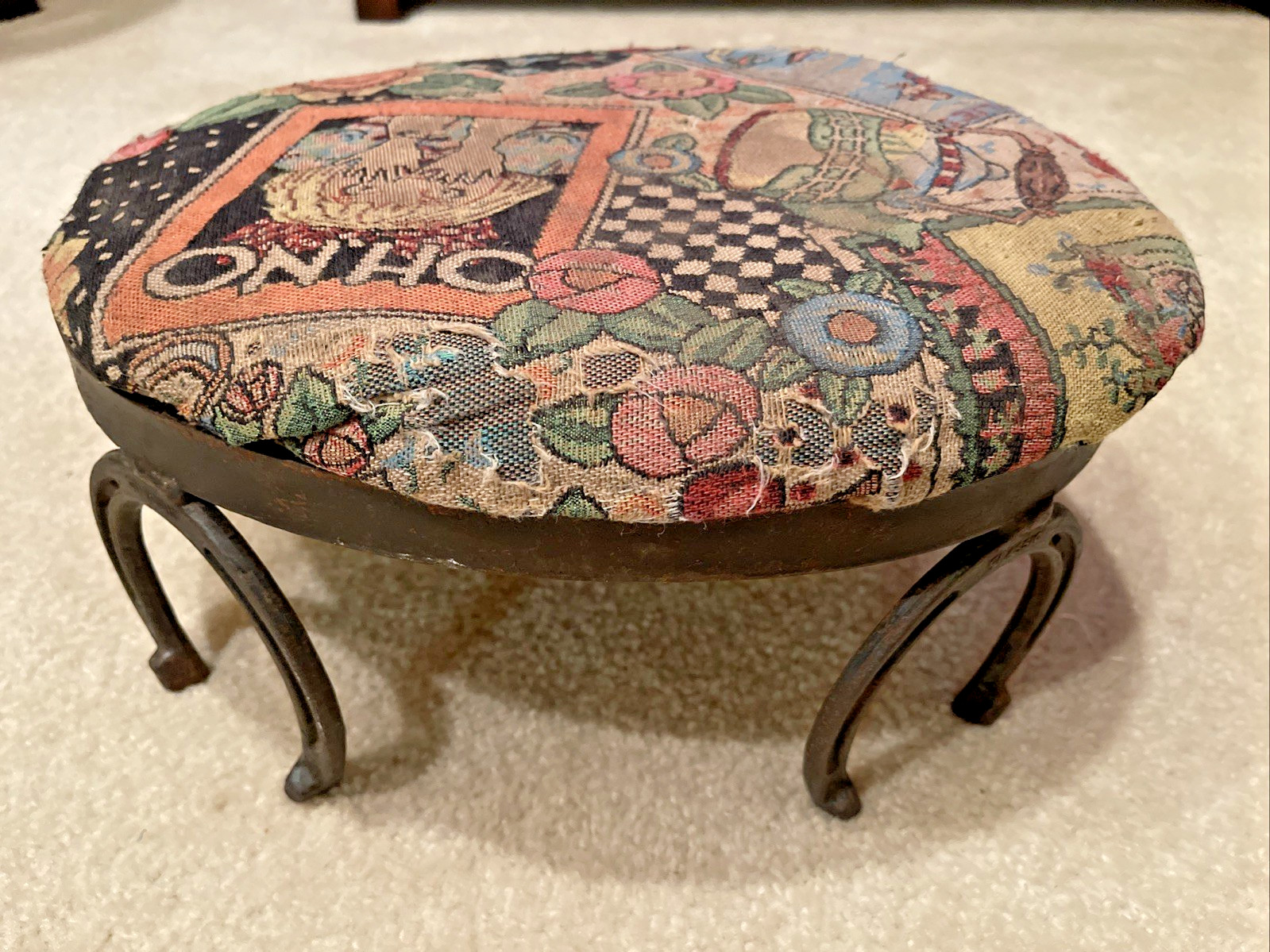 Antique Wrought Iron Footstool Horseshoe Feet Tapestry Upholstery Primitive RARE