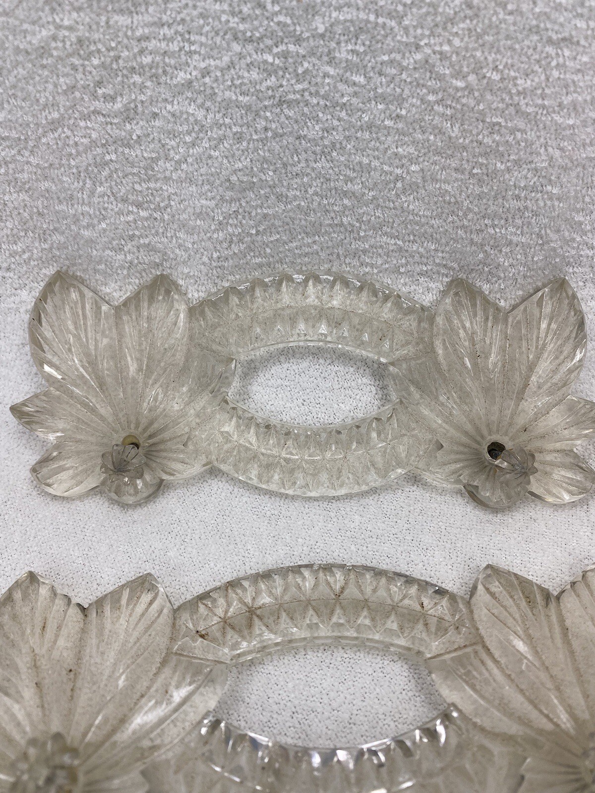 VINTAGE ART DECO Pressed GLASS Drawer Pulls VANITY TRAY HANDLES W KNOB SCREWS