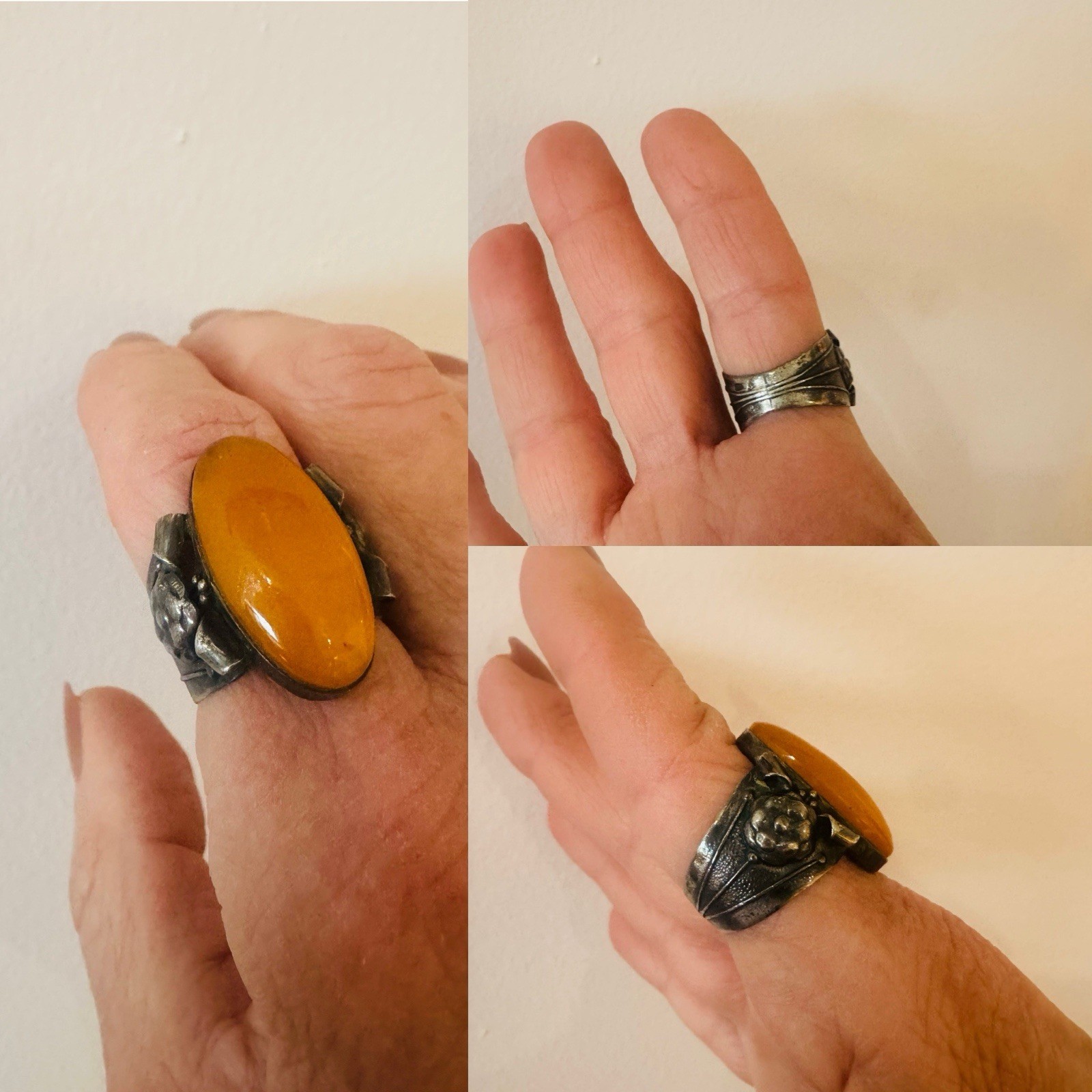 VTG Victorian art nouveau edwardian deco Silver Baltic Amber butterscotch Ring