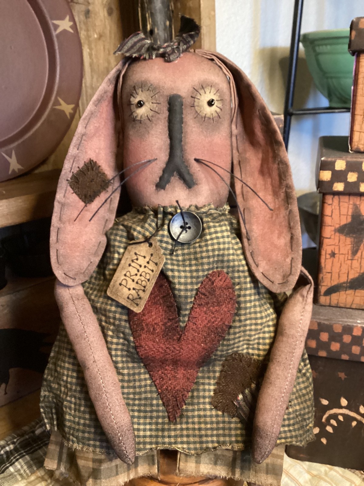 Primitive RABBIT DOLL BUNNY Handmade OOAK Signed Dated THREADBARE PRIMITIVES