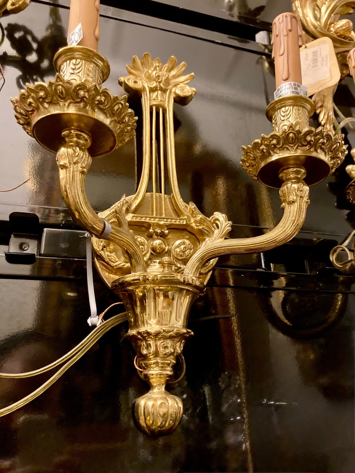 Pair of Vintage Brass 2-Arm Wall Sconce Lyre Harp Hollywood Regency Classical