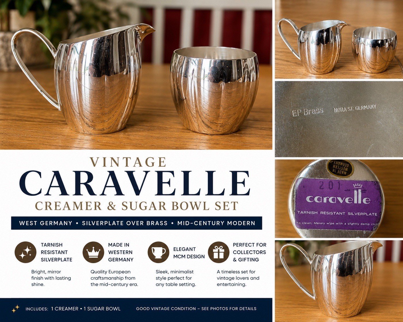 Vintage Caravelle West Germany Silverplate Creamer & Sugar Bowl MCM EP Brass