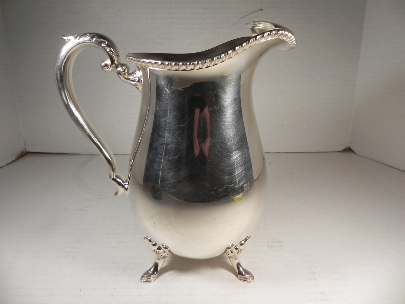 Cresent Silver Plate Footed Water Pitcher w/ Ice Lip /Ornate Handle 8.5″ Tall