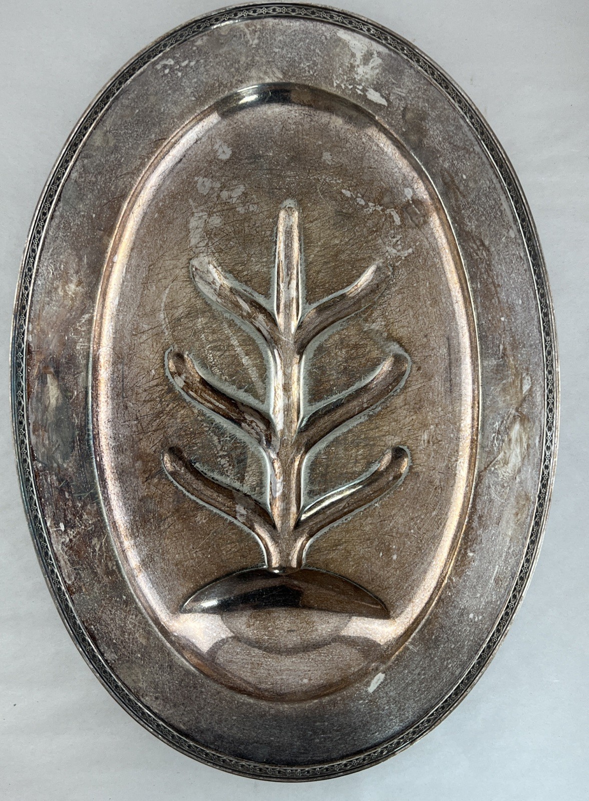 International Silver Plate Oval Footed Meat Platter with Juice Wells 16”x 11”
