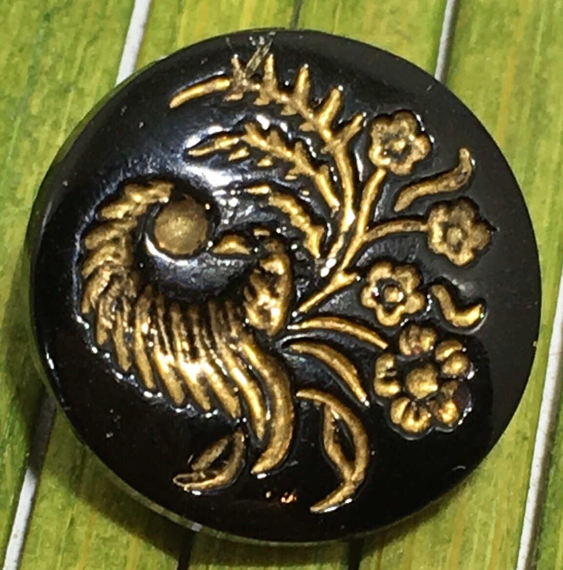 Antique Black Glass Button Gold Foil Embedded Cornacopia Floral Loop Shank 5/8″