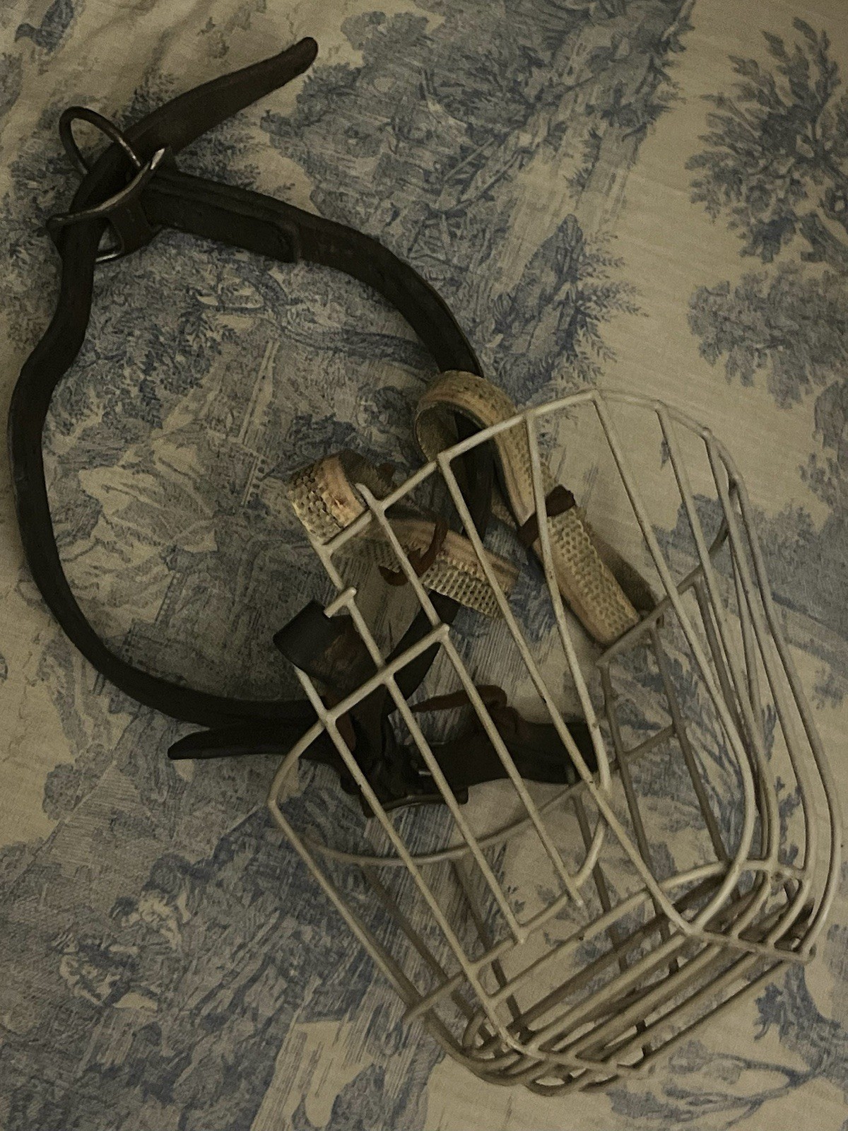 Antique Dog Muzzle Real Leather early primitive fitted cage wired