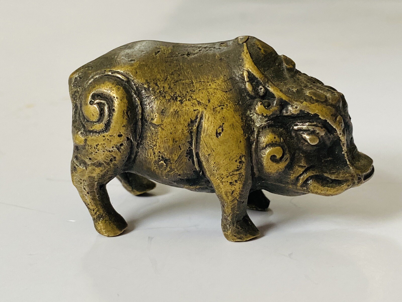 Antique Miniature Chinese Balinese Archaistic Brass Sculpture Statue Boar Pig
