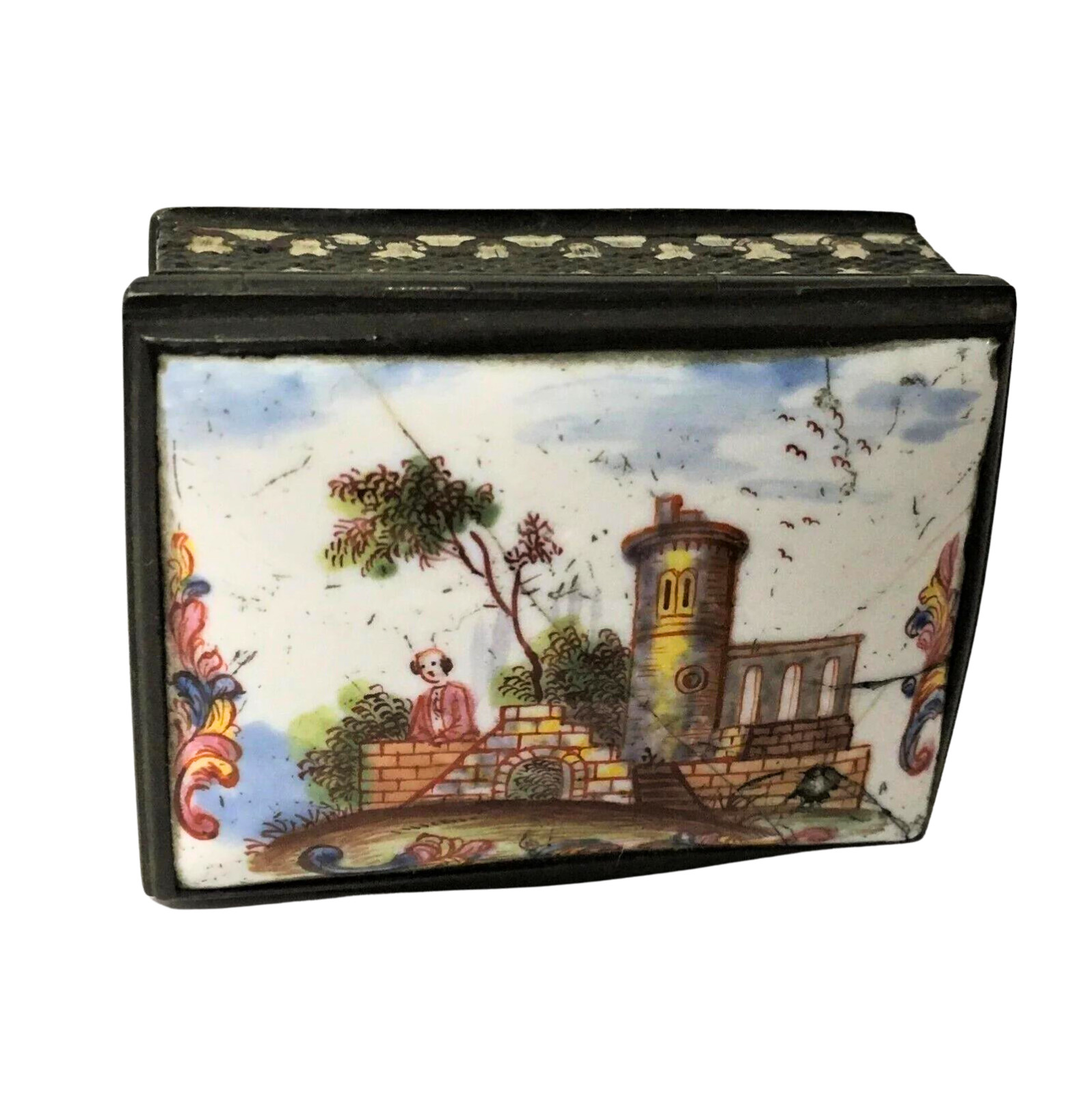 c. 1800 Battersea or Bilston enamel & brass snuff box