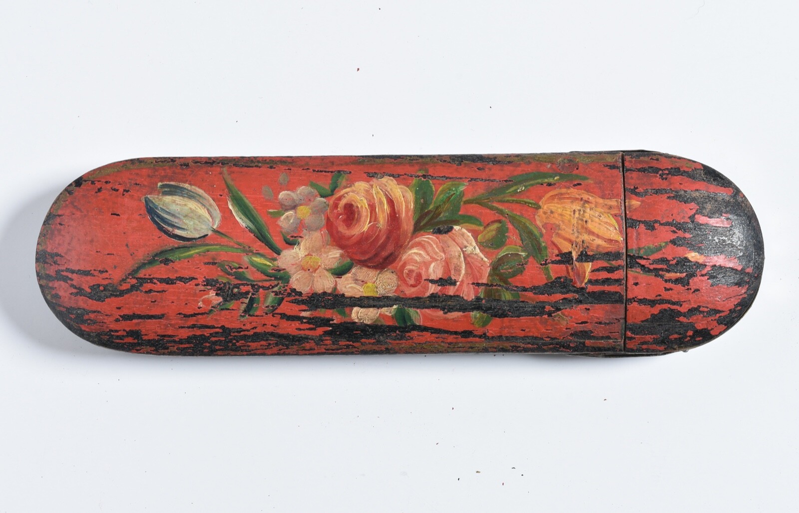 Antique Chinese painted Spectacle case, red box. Rose, Tulip.