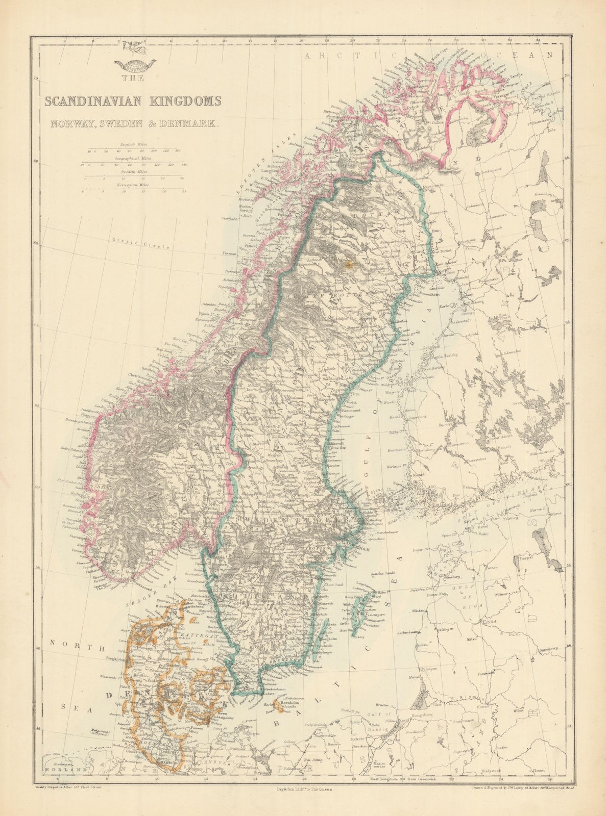 ‘Scandinavian Kingdoms. Norway, Sweden & Denmark’. Railways. JW LOWRY 1863 map
