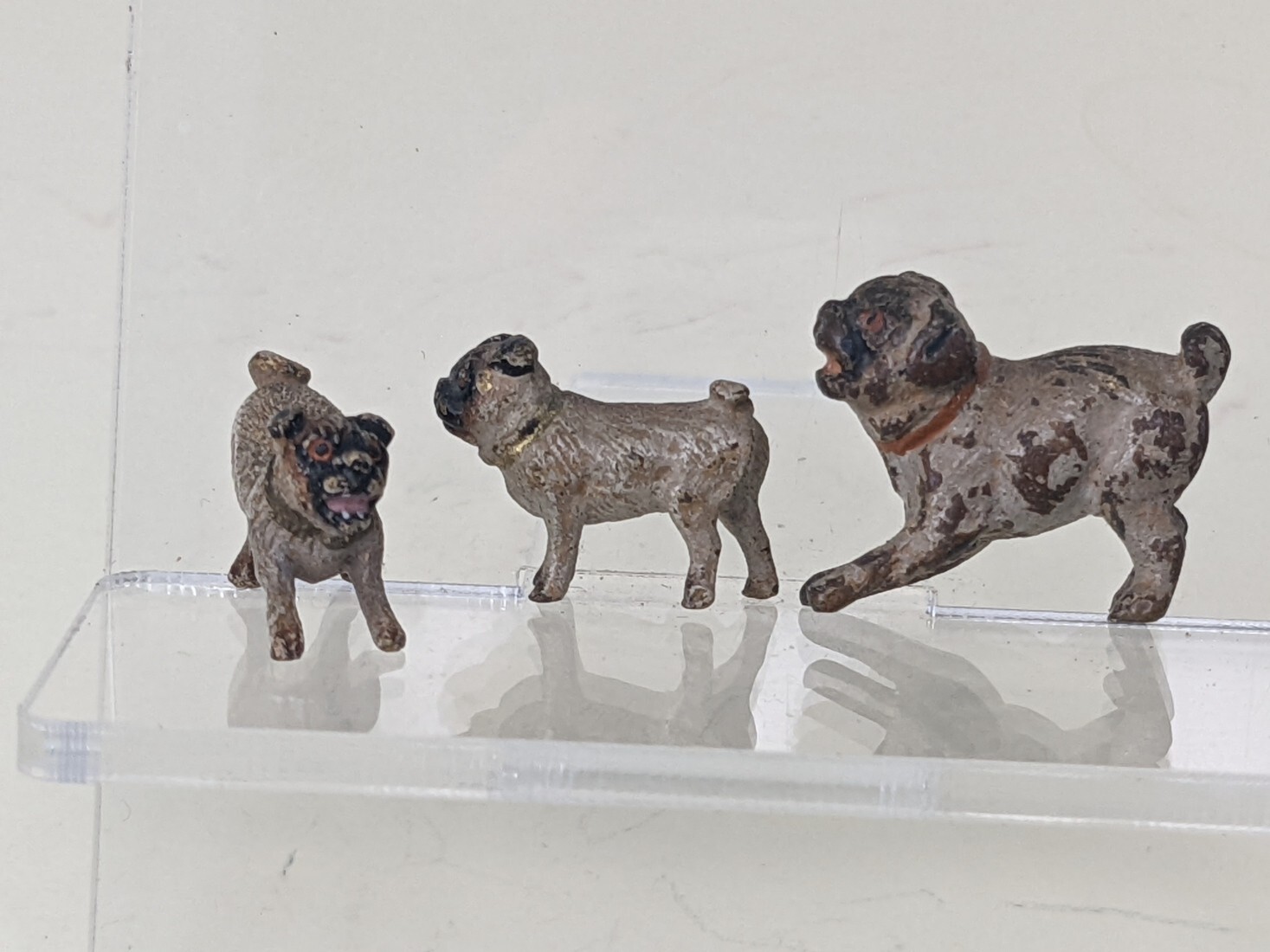 A cold painted bronze Miniature three models of a Mother Pug with two puppies