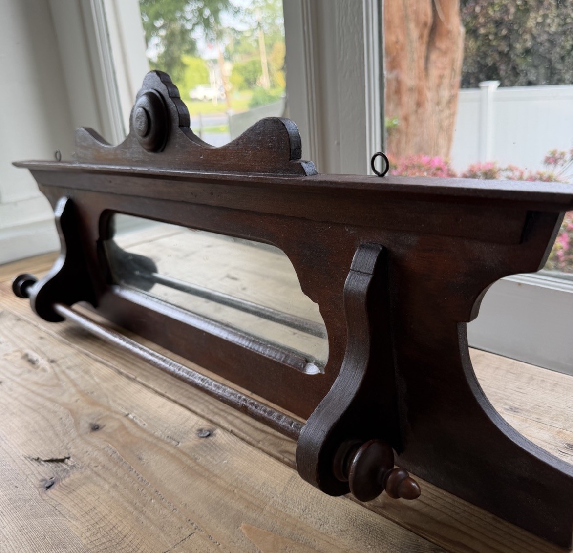 Antique Victorian Carved Wood Shaving Wall Mirror/Towel Bar