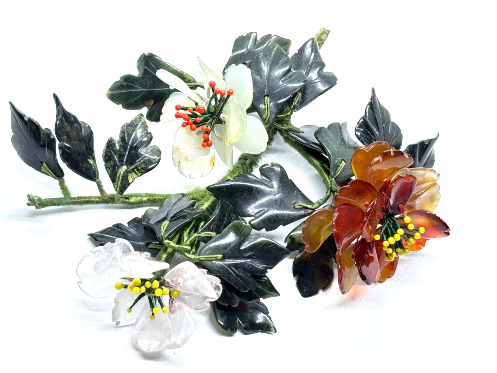 Vintage Branch Of Chinese Carved Gemstone Leaves/Flowers Jade Bonsai Tree