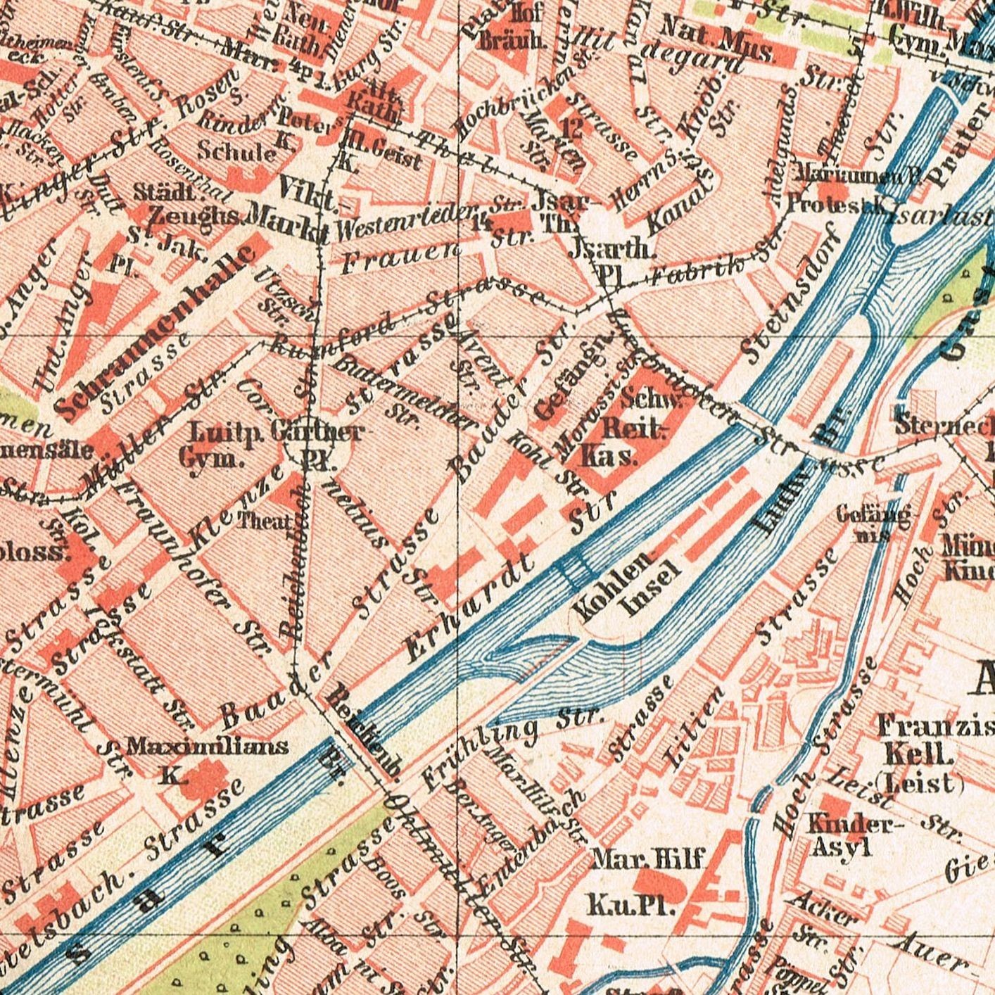 MUNICH dated 1897 München Original map Antique city plan Germany Deutschland