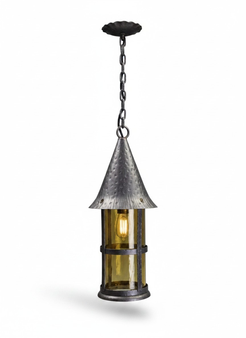 Antique Arts & Crafts Wrought Iron & Hand-Blown Amber Glass Pendant Lantern