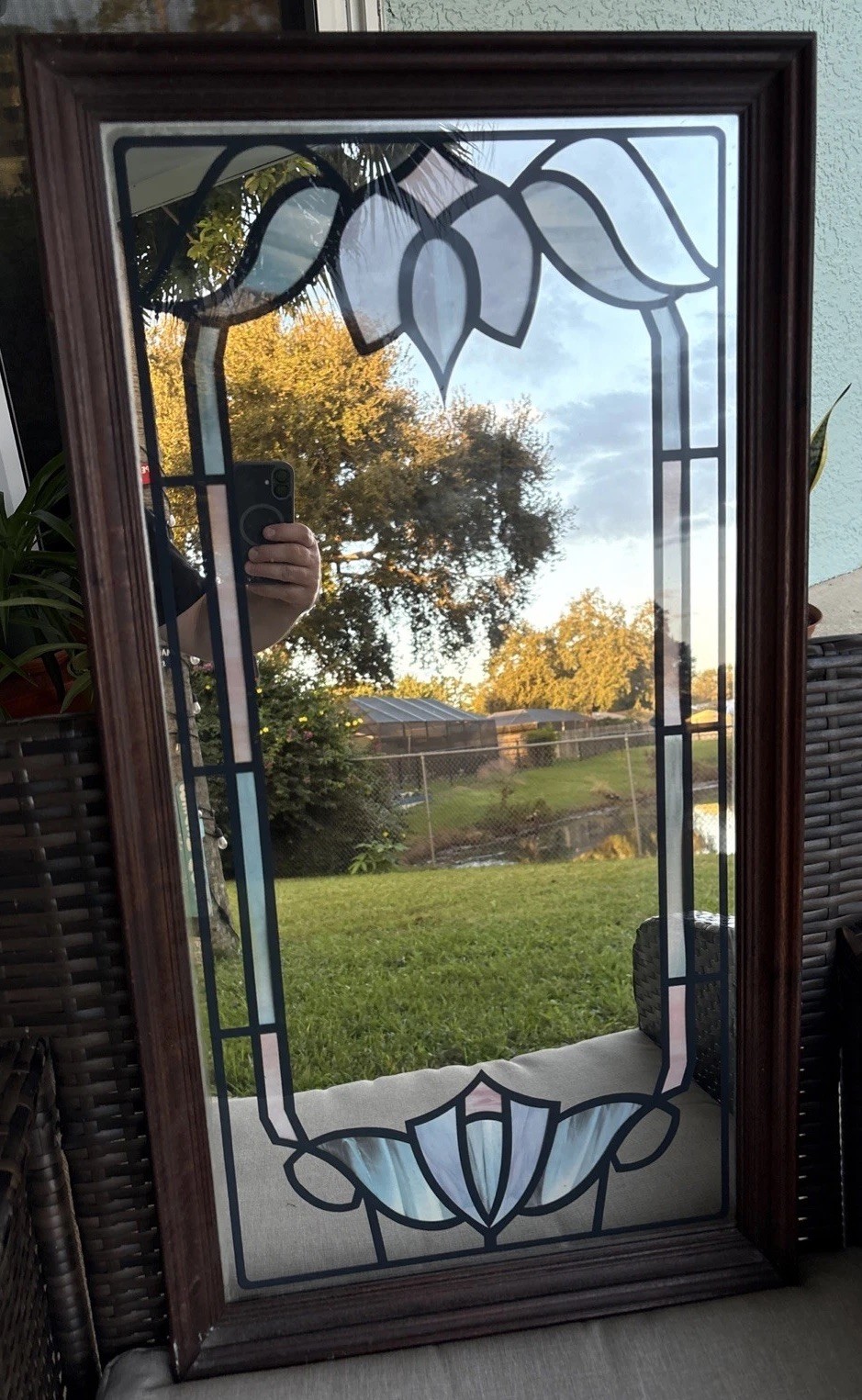 Beveled Walnut Framed Vintage 1980’s Faux Tiffany Mirror Marcel Floral Stained