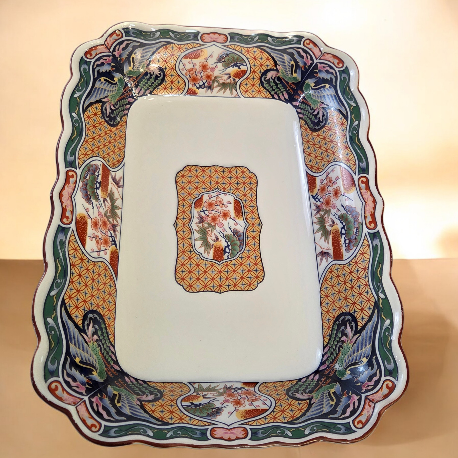 Antique Style Japanese Imari Platter – 12 Inch Hand-Painted Peony Design Serving
