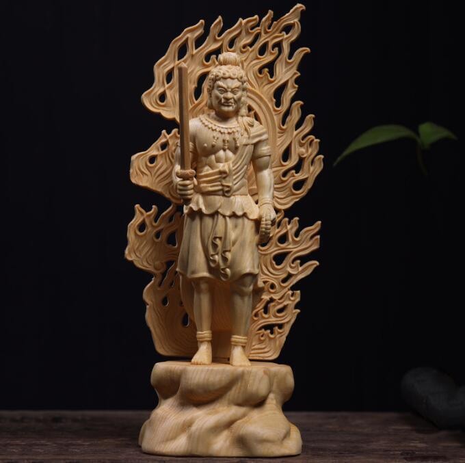 Buddhist statue intricately carved Fudo Myoo wooden carving Japanese Antique