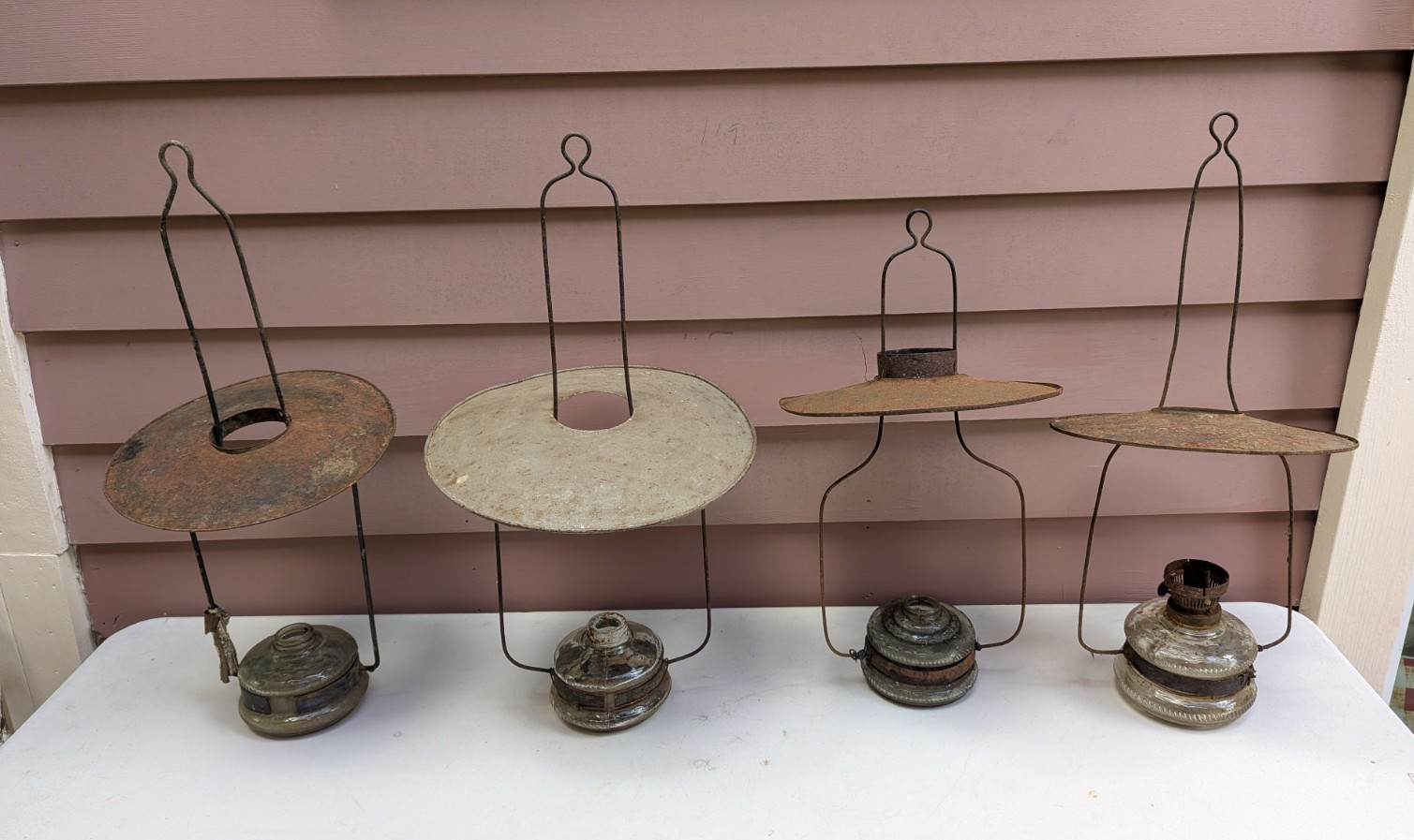 Lot 4 Antique Kerosene Oil Lamp Reflector Shade Carriers Glass Fonts Primitive