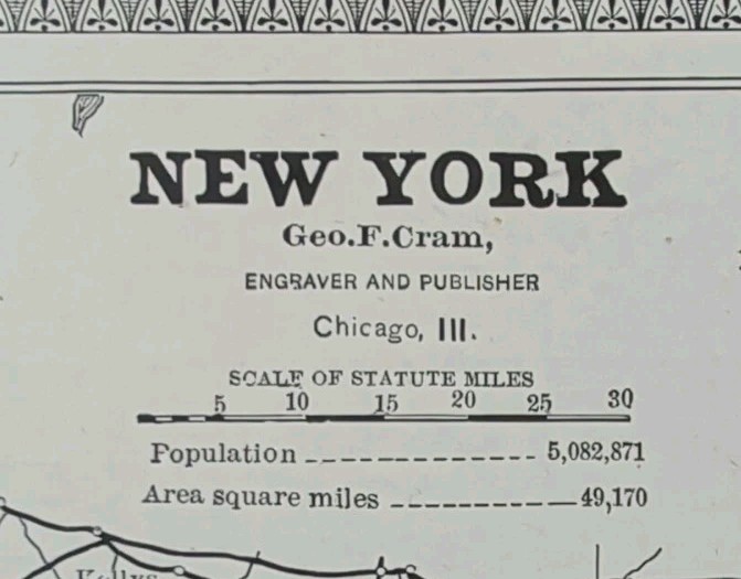 Vintage 1884 NEW YORK Map 21″x13″ ~ Old Antique Original ALBANY SCHENECTADY NY