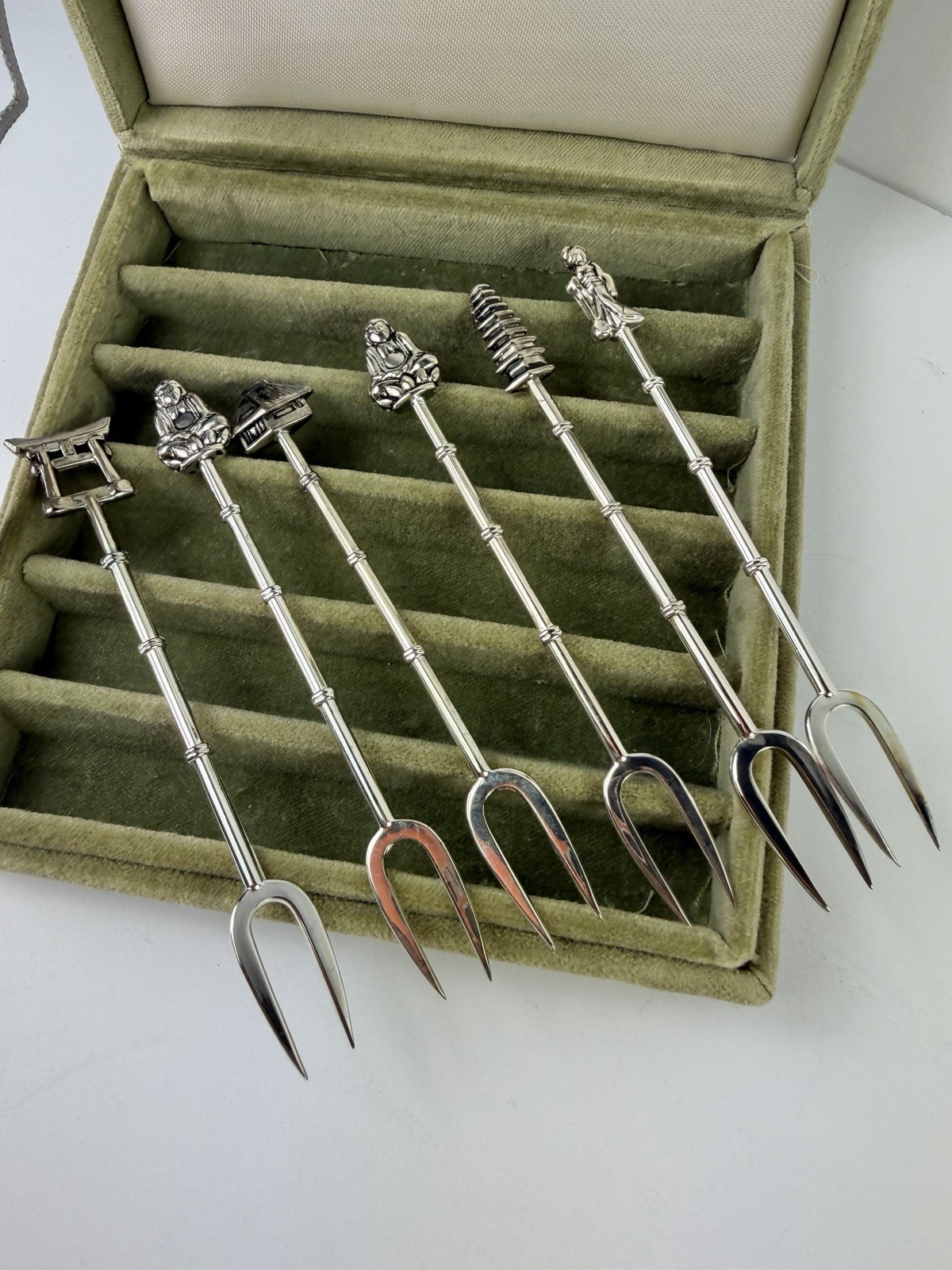 Vintage Godinger 4 inch Asian Cocktail Fork Set of 6 Velvet Box Never Used