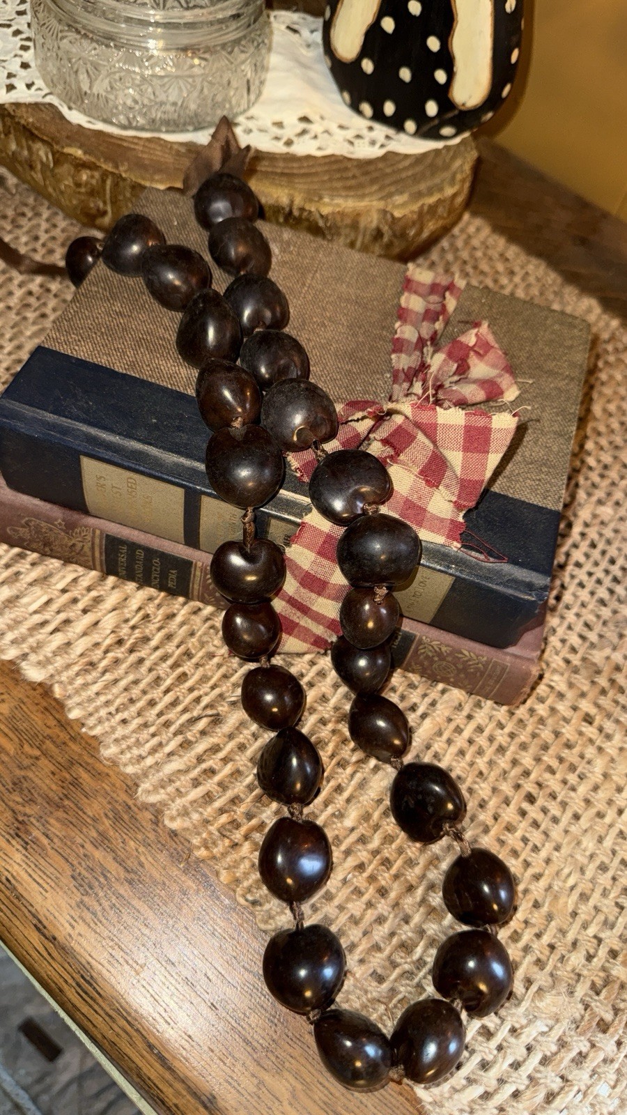 Vintage Large Dark Brown Seed Bead Necklace Ribbon Tie Boho Folk Art 16 Beads