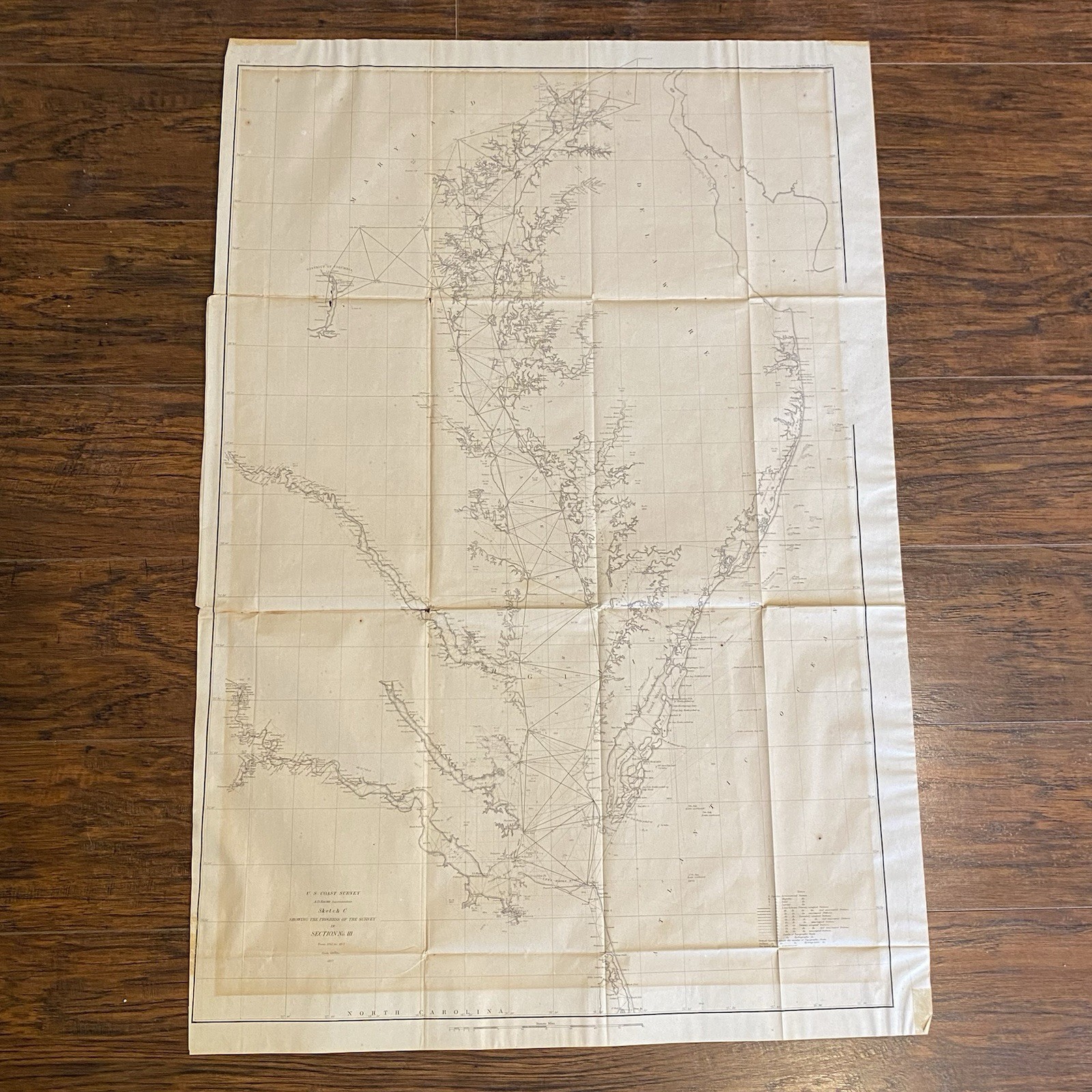 1857 US Coast Survey Bache Large Antique Map Chesapeake Bay Showing The Progress