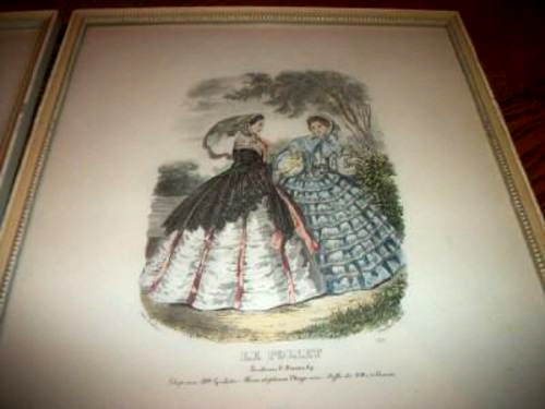 Antique French La Mode 1870s Fashion Prints Large Creamy Chippy Frames 1920s