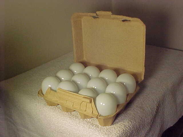 12 Antique Hand Blown White Milk Glass Nesting Chicken Eggs in AN OLD CONTAINER