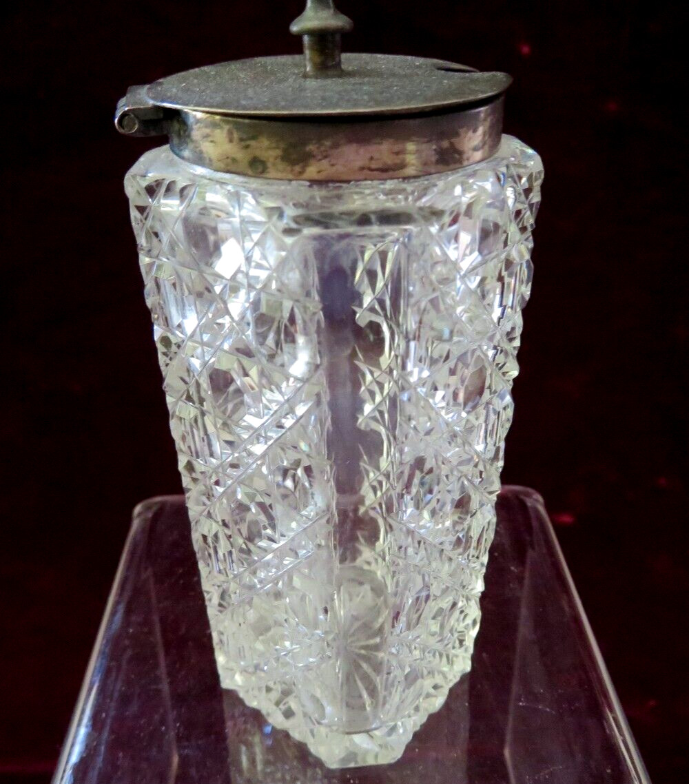 ANTIQUE AMERICAN BRILLIANT CUT TALL MUSTARD OR CONDIMENT JAR w/ SILVER TOP