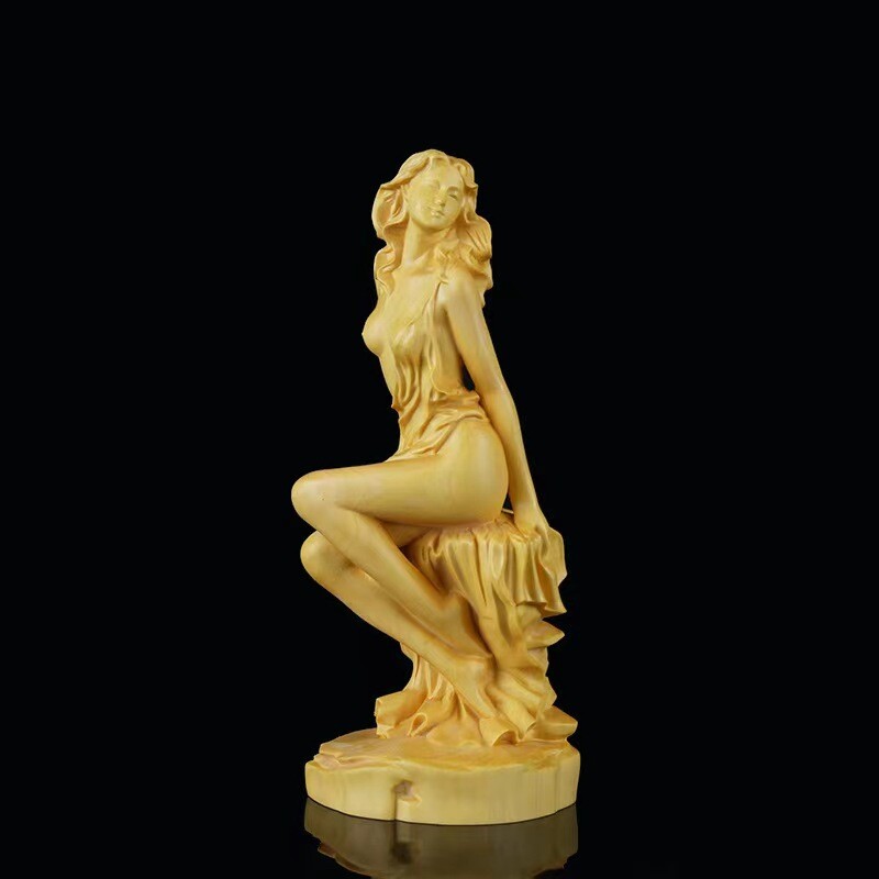 Handmade Boxwood Carved Chinese Natural Statue, Exquisite Character Beauty