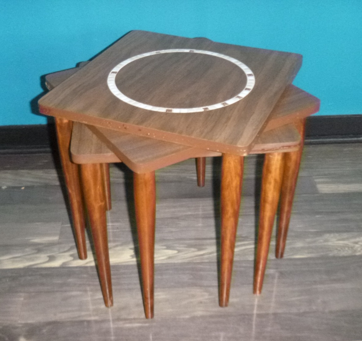 Set of 3 Vtg Mid Century MOD Nesting Stacking Side Tables Laminate TIle Inset