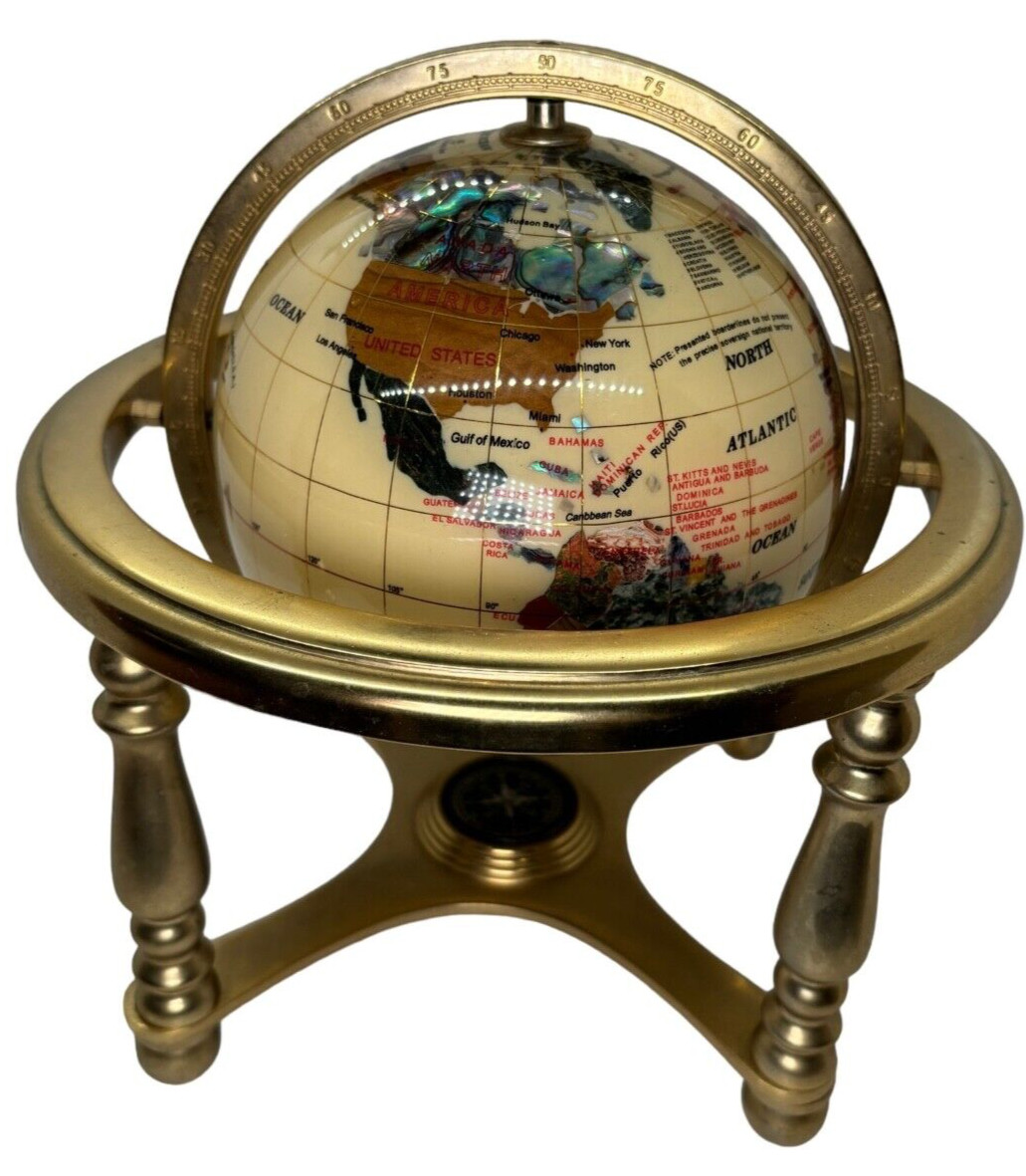 Semi-precious 10” Stone & MOP Inlay Desktop Globe w/Brass Stand
