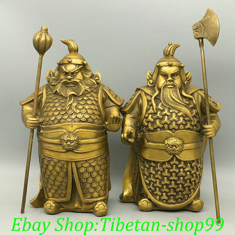 Qianlong Marked Old China Bronze Gilt God Soldier General Door God Statue Pair