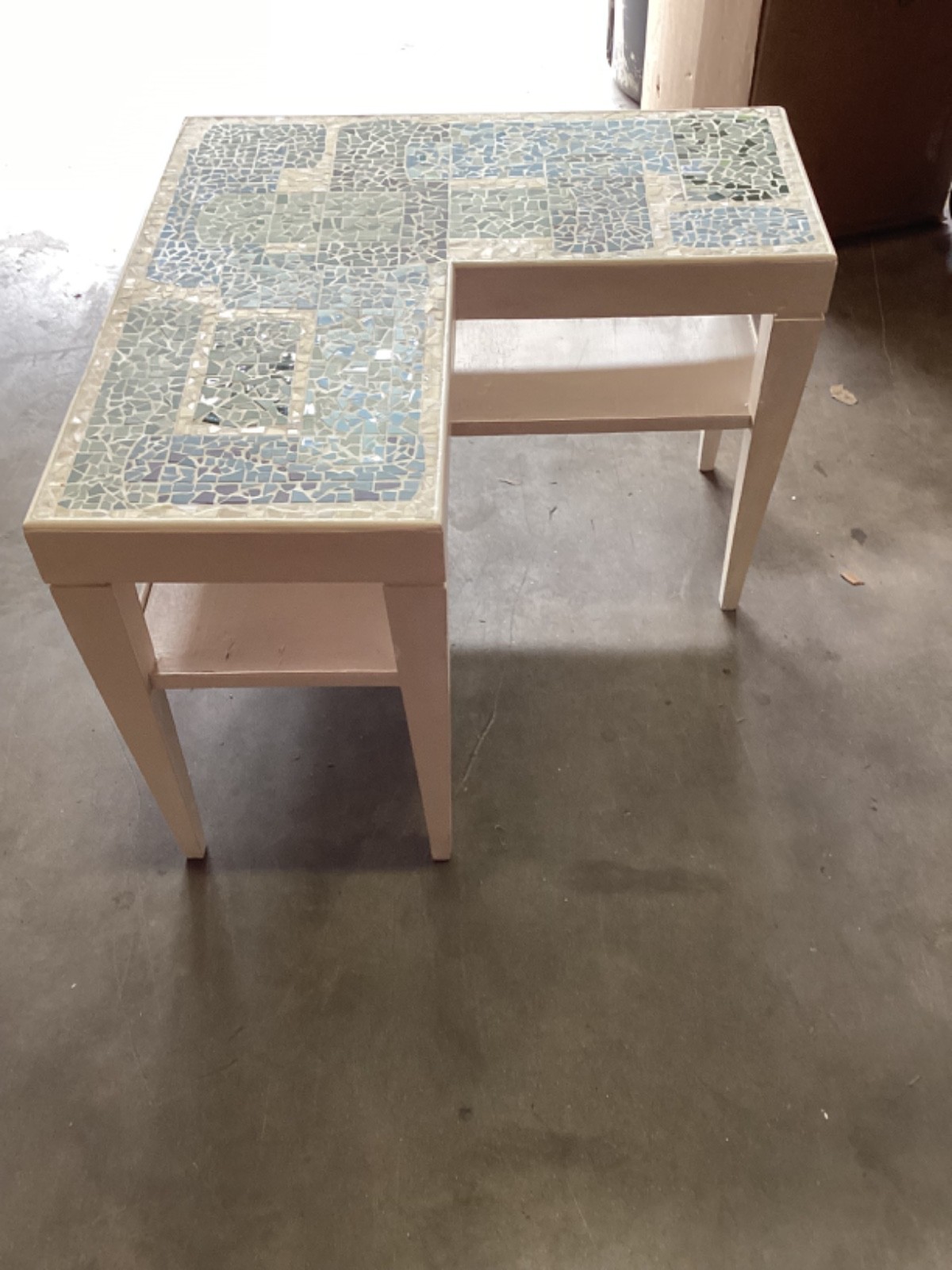 Vintage Green & Blue Glass Mosaic L-Shaped Plant Table 22” H x30” on Each L