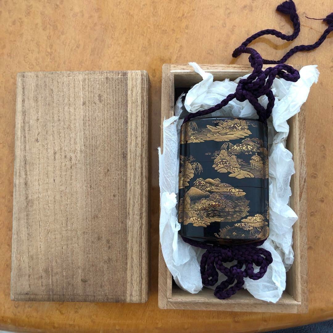 Inro Antique Edo Gold Landscape Lacquerware Nature Wood Carved ToolBox