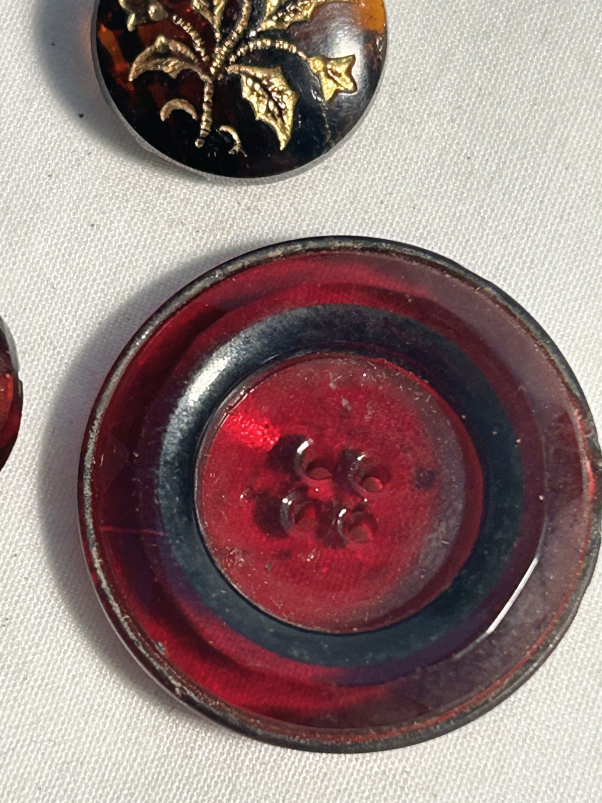 Vintage Sewing Buttons ~ Ruby Red and Gold Glass ~ Set of six total