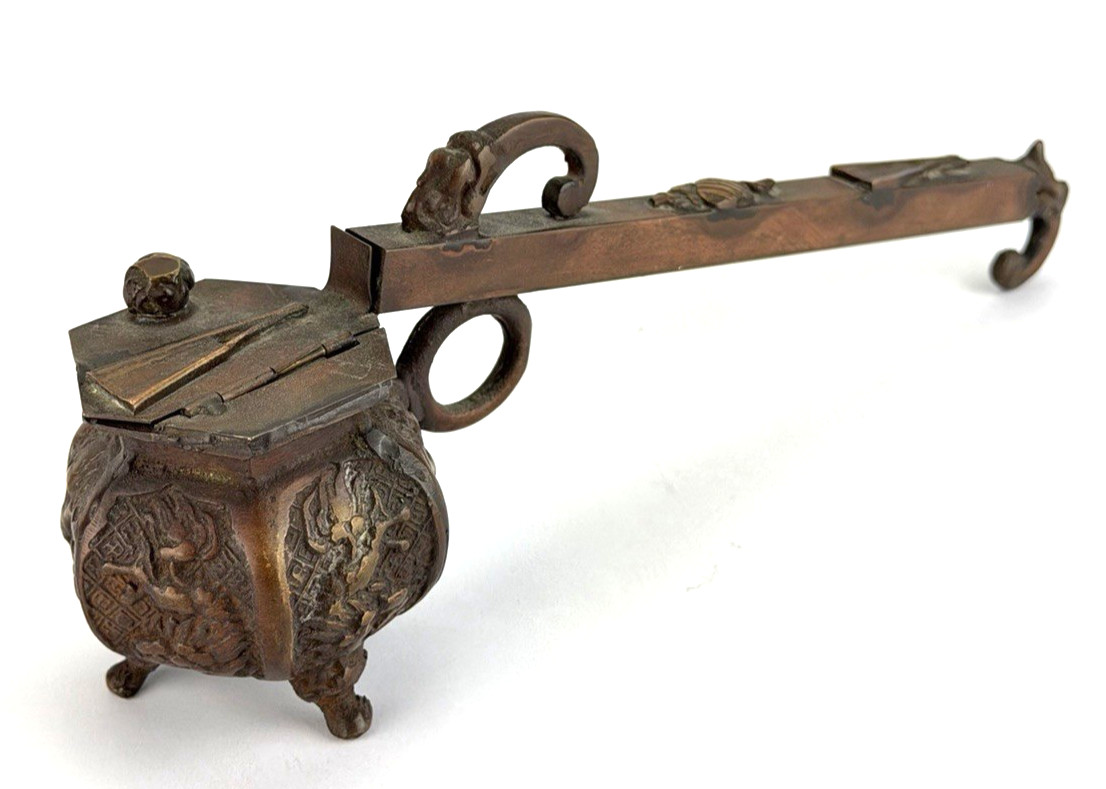 Antique Bronze Japanese Yatate Calligraphy Pen Holder Ink Well 11 inch
