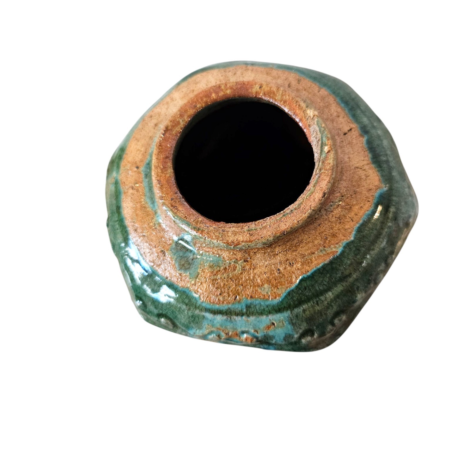 Antique Chinese Octagonal Pottery Ginger Jar Green Glaze Earthenware STAMPED