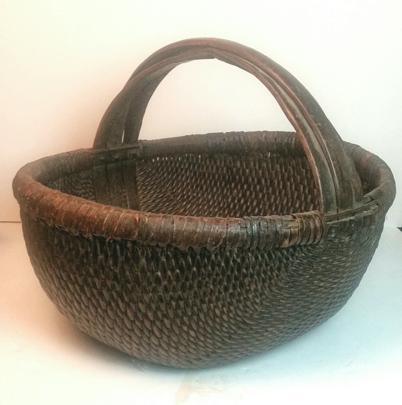 Large antique chinese 3 handle wicker basket 20″ diameter